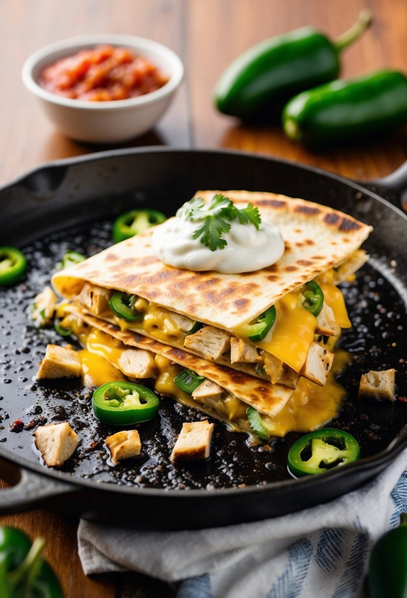 A sizzling jalapeño chicken quesadilla on a hot skillet with melted cheese and diced chicken. Served with a side of salsa and sour cream