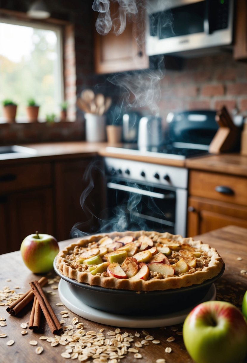 A rustic kitchen with a steaming apple pie baked oatmeal fresh out of the oven, surrounded by scattered oats and cinnamon sticks