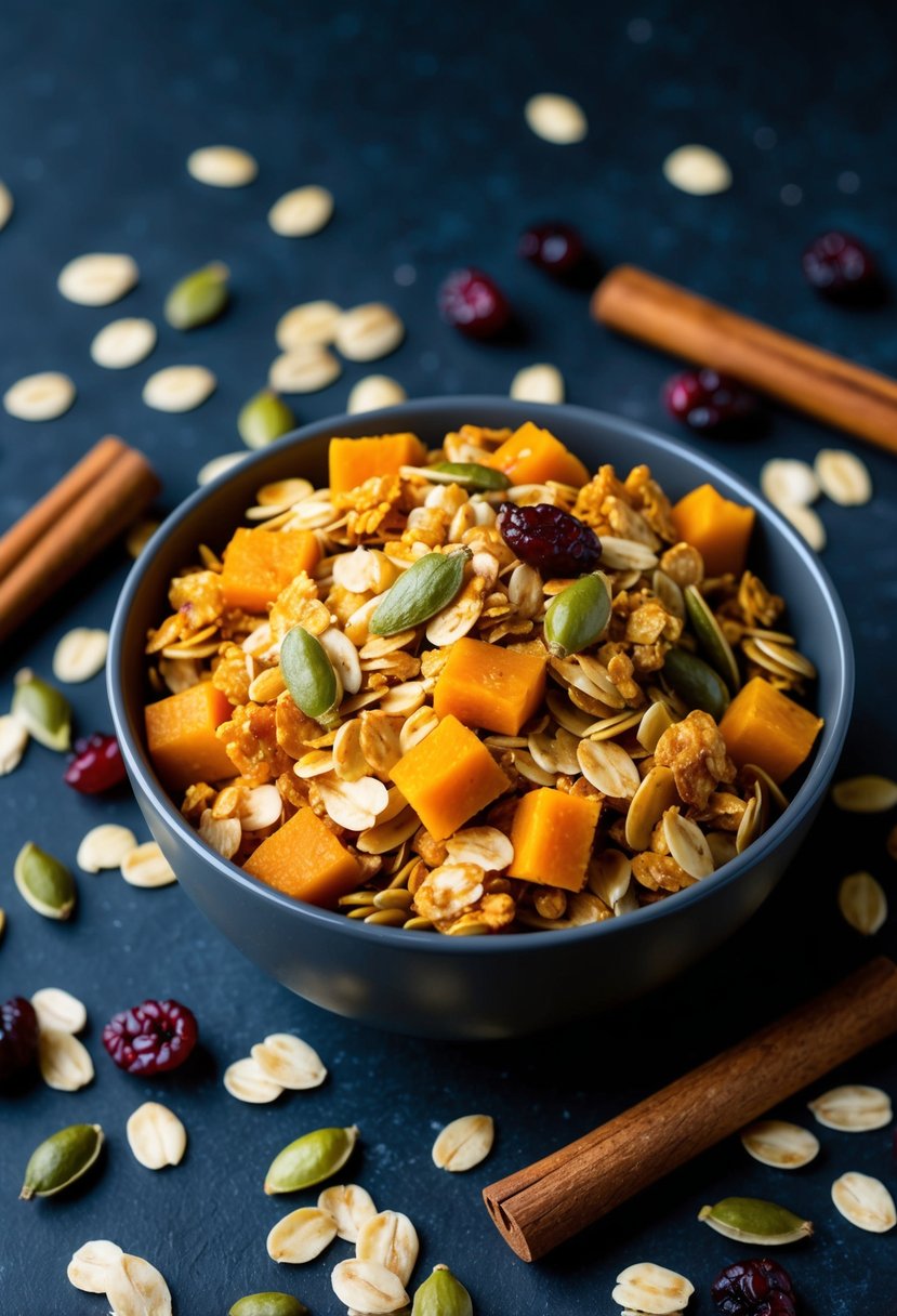 A bowl of pumpkin granola with oats, surrounded by scattered ingredients like pumpkin seeds, cinnamon sticks, and dried cranberries