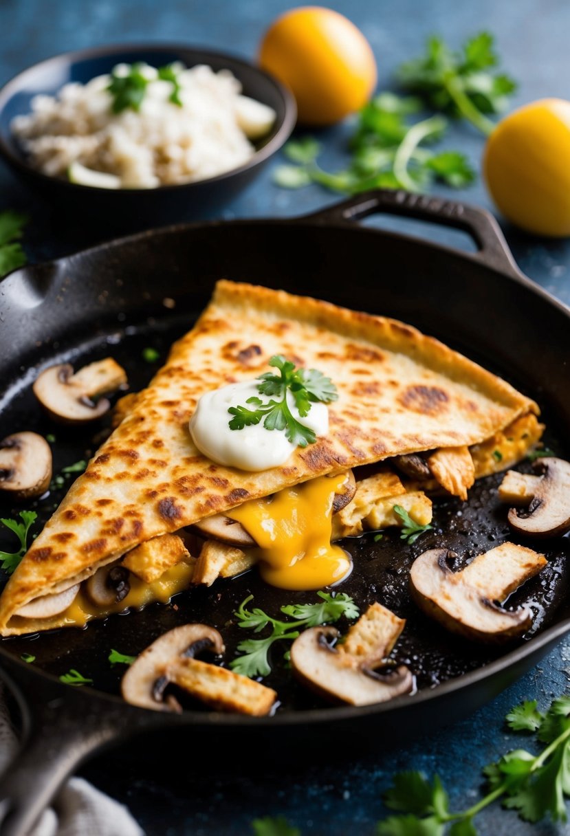 A sizzling skillet with a golden-brown chicken and mushroom quesadilla, topped with melted cheese and surrounded by fresh ingredients