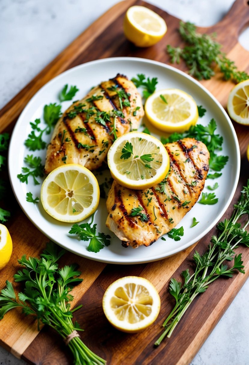 A plate of grilled lemon herb chicken surrounded by fresh herbs and lemon slices on a wooden cutting board