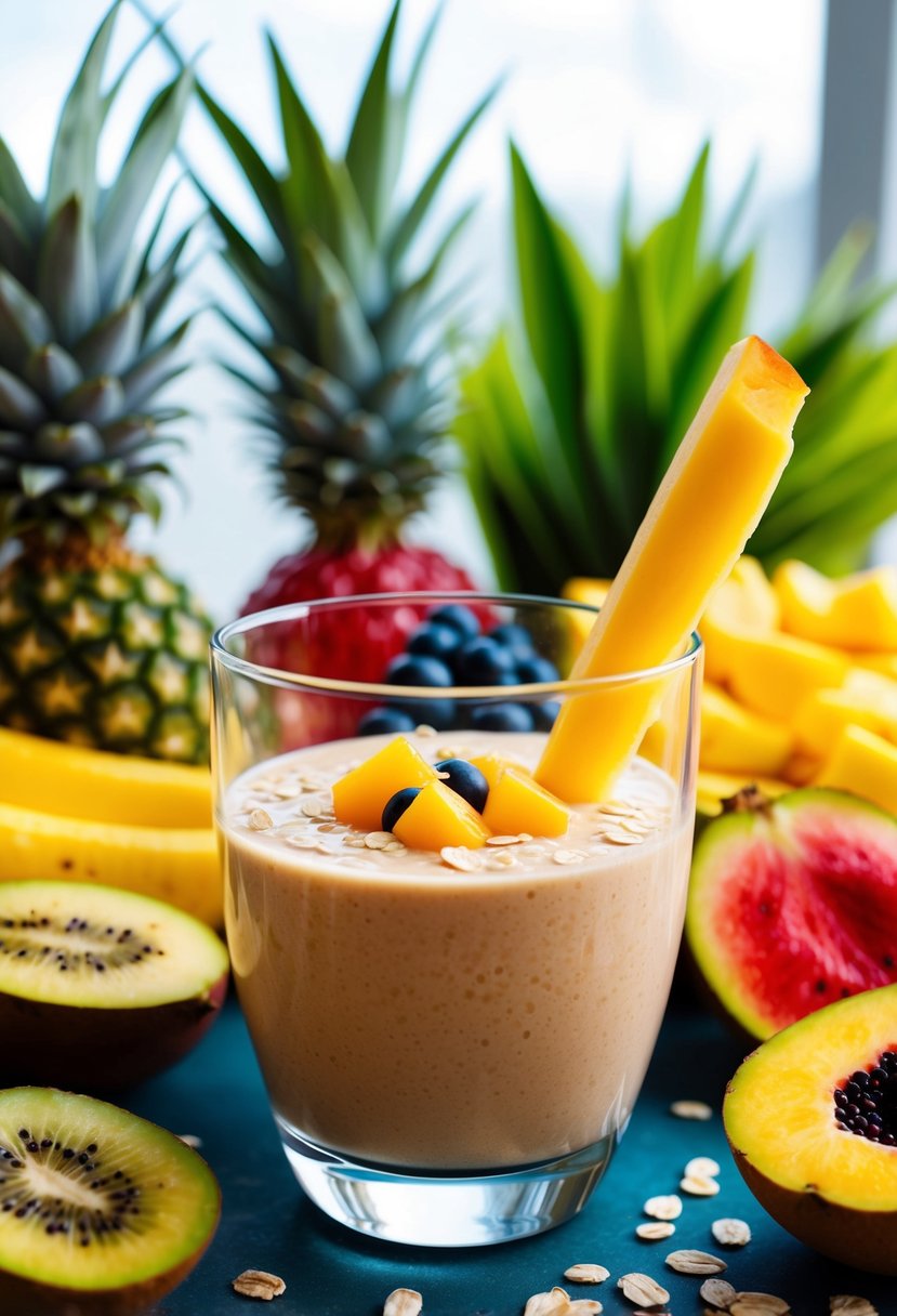 A colorful array of tropical fruits and oats blending into a creamy smoothie in a glass