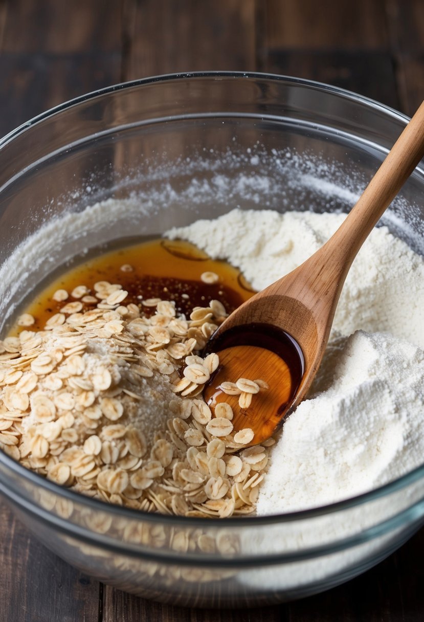 A mixing bowl filled with oats, flour, and maple syrup. A wooden spoon stirs the ingredients together