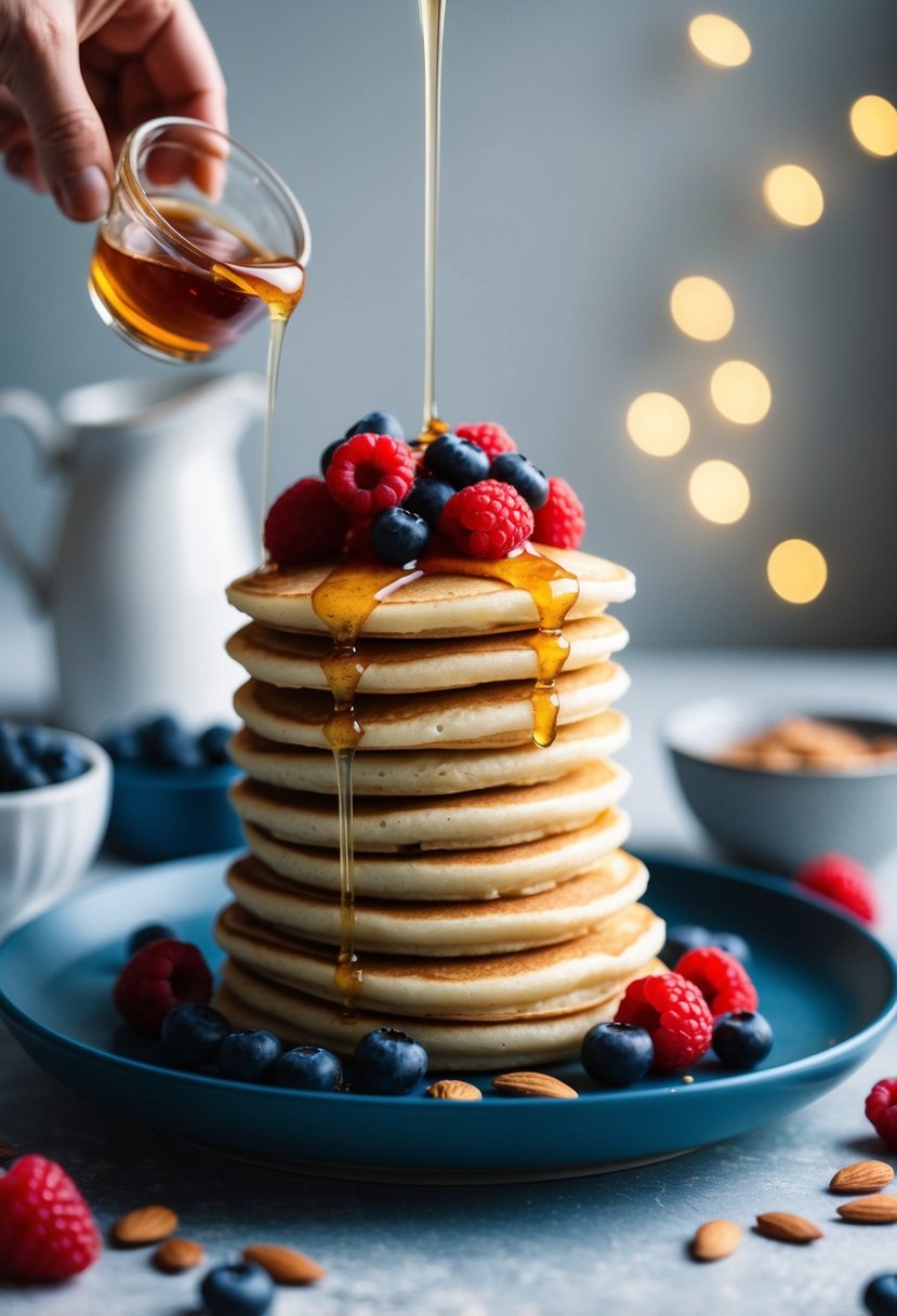 A stack of almond flour pancakes topped with berries and drizzled with honey