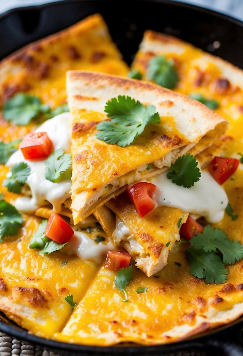 A sizzling skillet with a golden-brown ranch chicken quesadilla, topped with melted cheese, diced tomatoes, and fresh cilantro