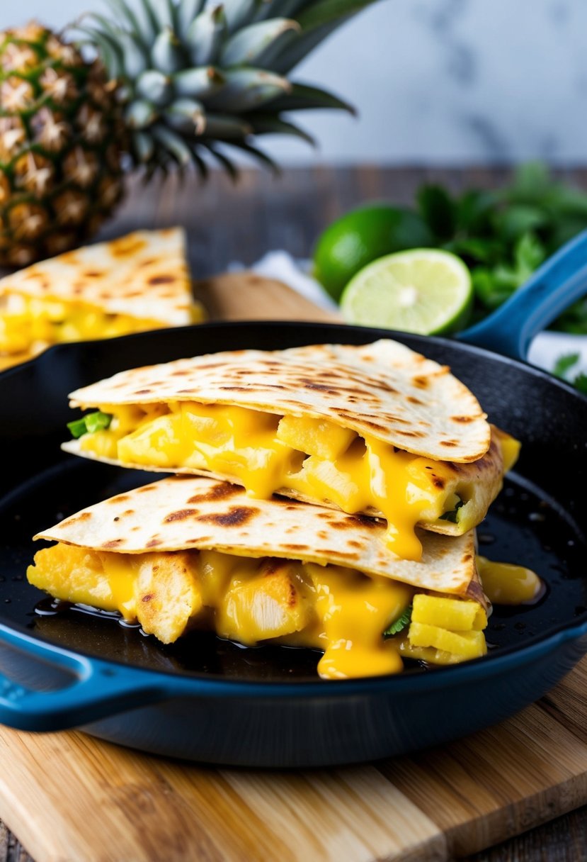 A sizzling pineapple chicken quesadilla on a hot skillet, with melted cheese oozing out and golden tortilla crisped to perfection