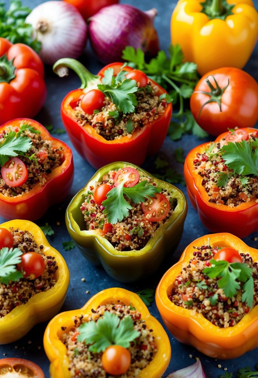 A colorful array of stuffed bell peppers filled with quinoa and surrounded by various fresh ingredients like tomatoes, onions, and herbs