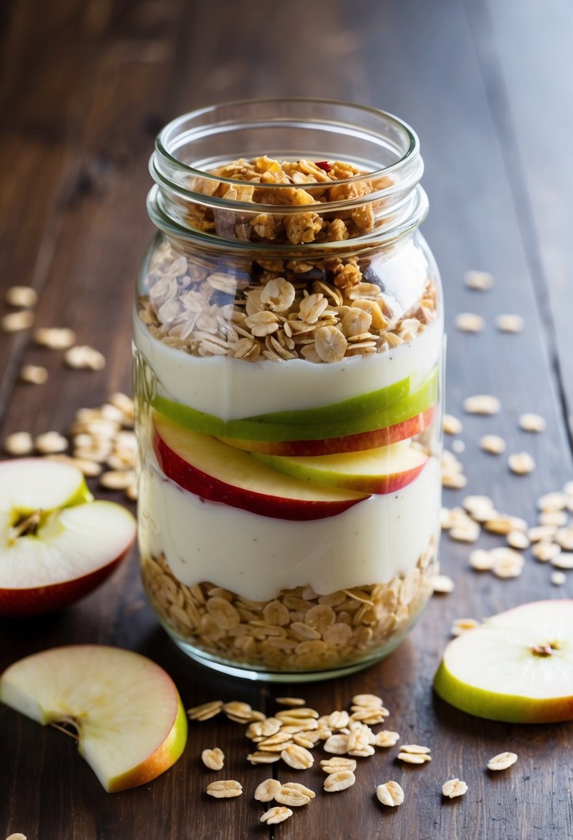 A mason jar filled with layers of oats, yogurt, apple slices, and granola, surrounded by scattered oats and apple slices on a wooden table