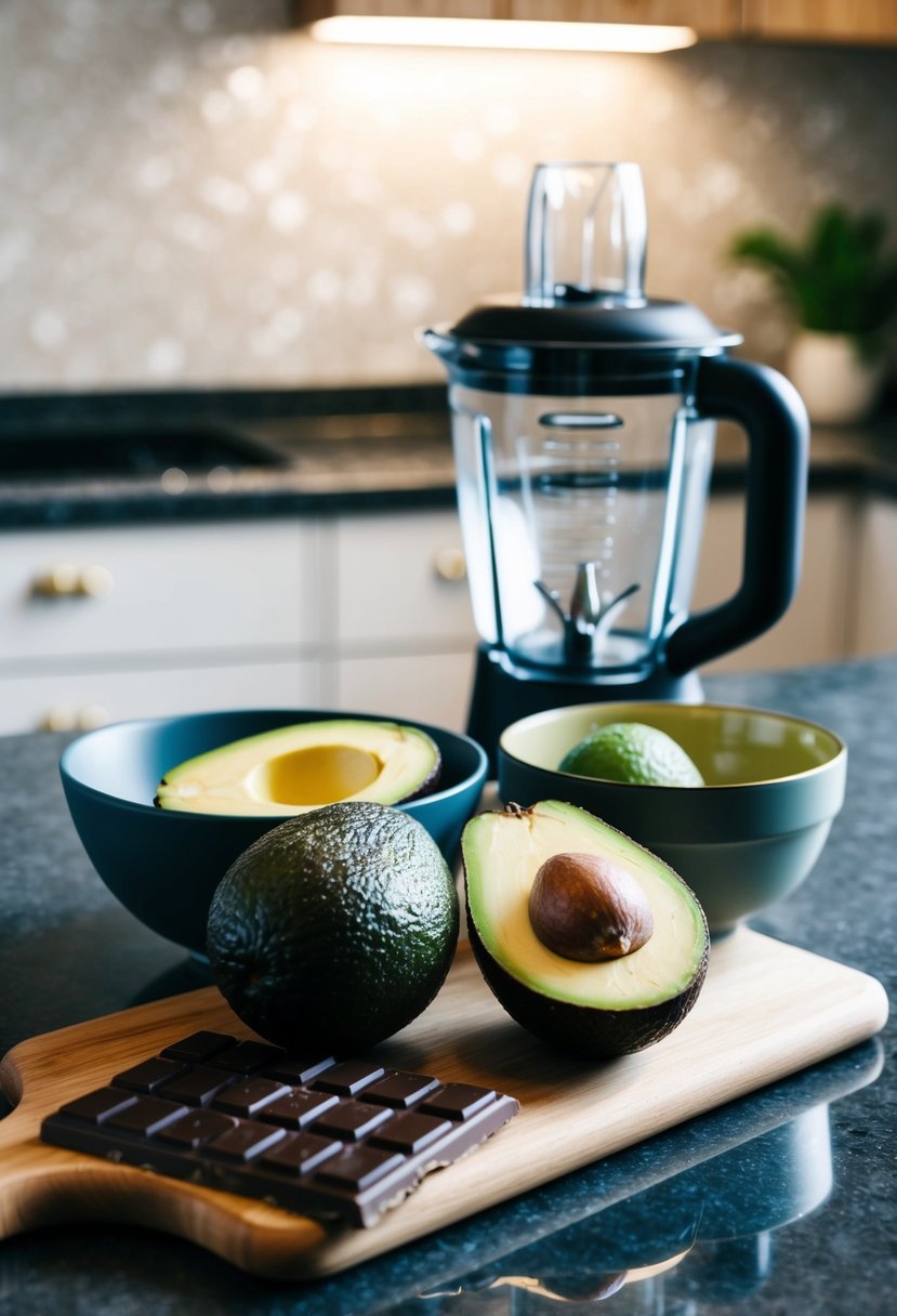 A bowl of ripe avocados, a bar of dark chocolate, and a blender on a kitchen counter