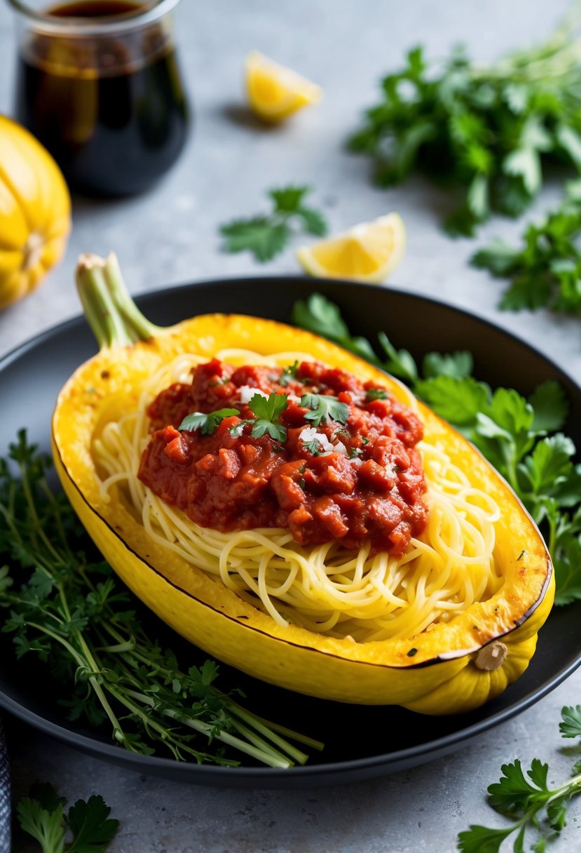 A steaming plate of spaghetti squash topped with marinara sauce, surrounded by fresh herbs and colorful vegetables