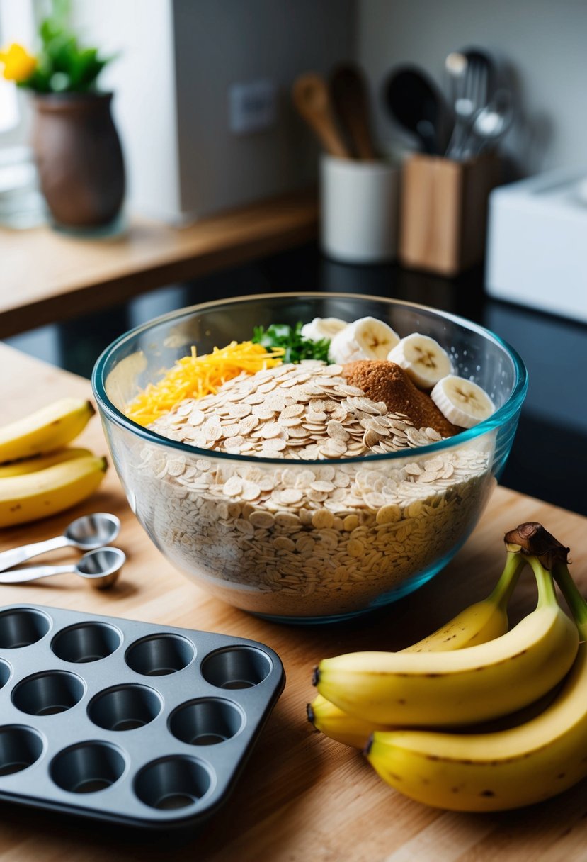 A kitchen counter with a mixing bowl filled with oats, bananas, and other ingredients, surrounded by measuring spoons and a muffin tin