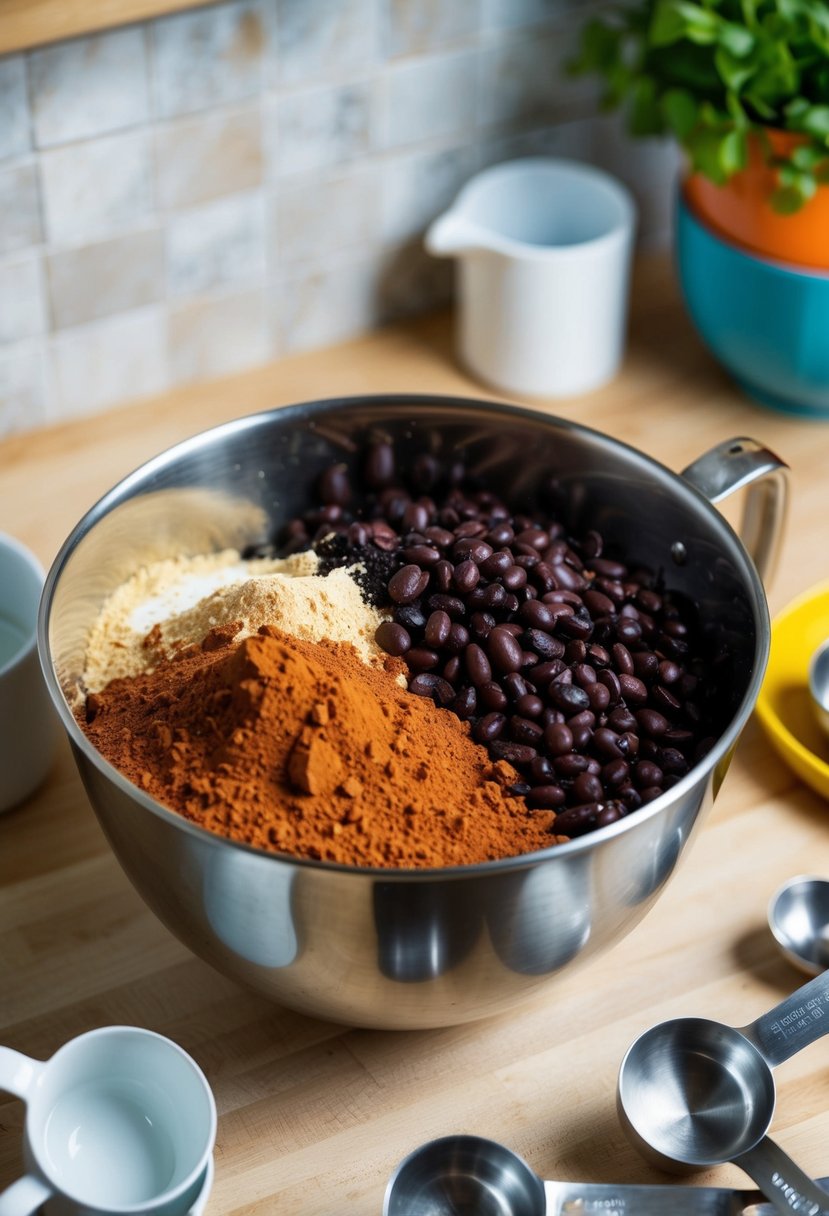 A mixing bowl filled with black beans, cocoa powder, and other ingredients, surrounded by measuring cups and spoons on a kitchen counter