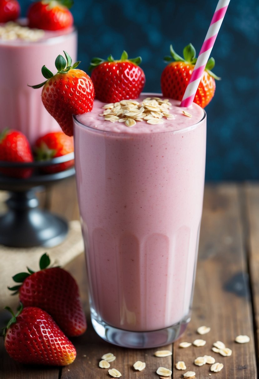 A glass filled with a creamy pink smoothie topped with fresh strawberries and oats