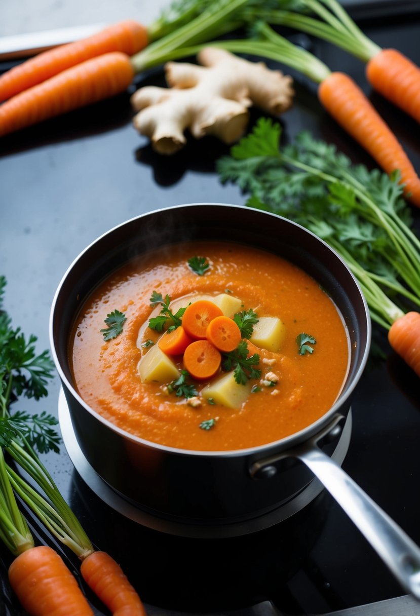 A pot of Carrot Ginger Soup simmering on a stovetop, surrounded by fresh carrots, ginger, and other ingredients