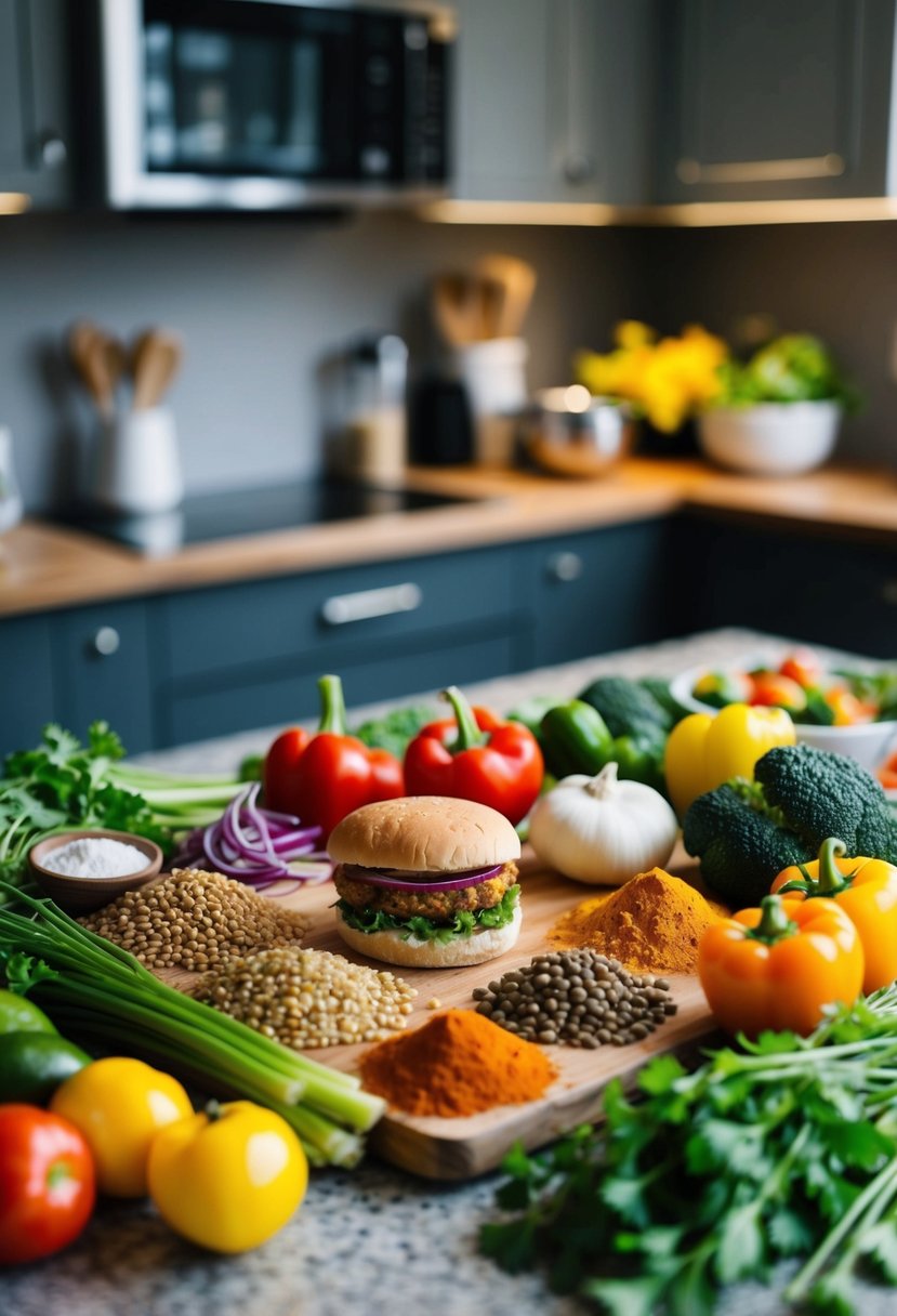 A colorful array of lentils, vegetables, and spices arranged on a kitchen counter, ready to be transformed into a delicious veggie burger