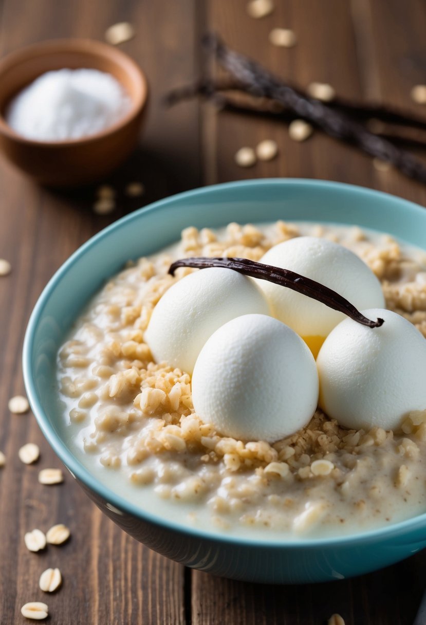 A bowl of creamy oatmeal topped with fluffy, white whipped egg whites and a sprinkle of vanilla beans