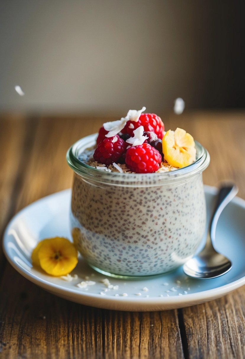 A small glass jar filled with chia seed pudding, topped with fresh berries and a sprinkle of coconut flakes, set on a wooden table