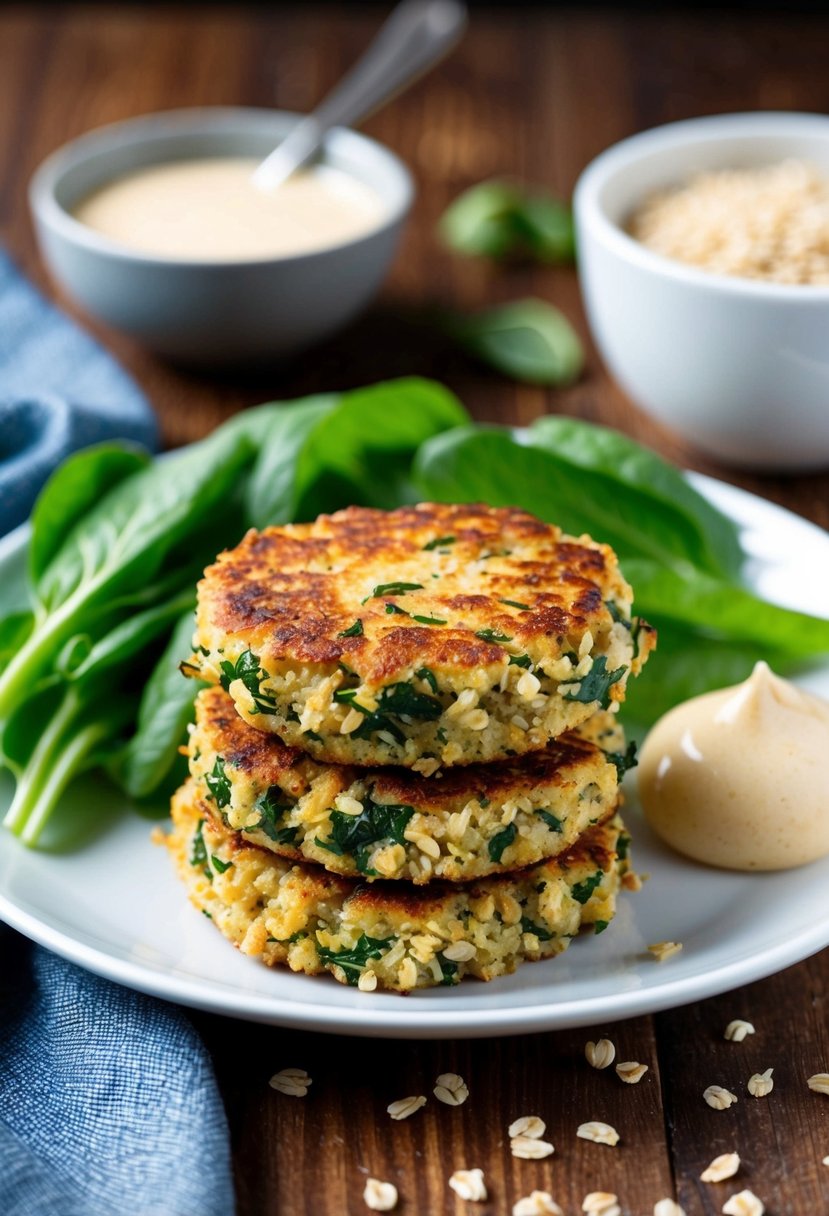 A plate of golden brown spinach quinoa oat patties with a side of fresh greens and a dollop of creamy sauce