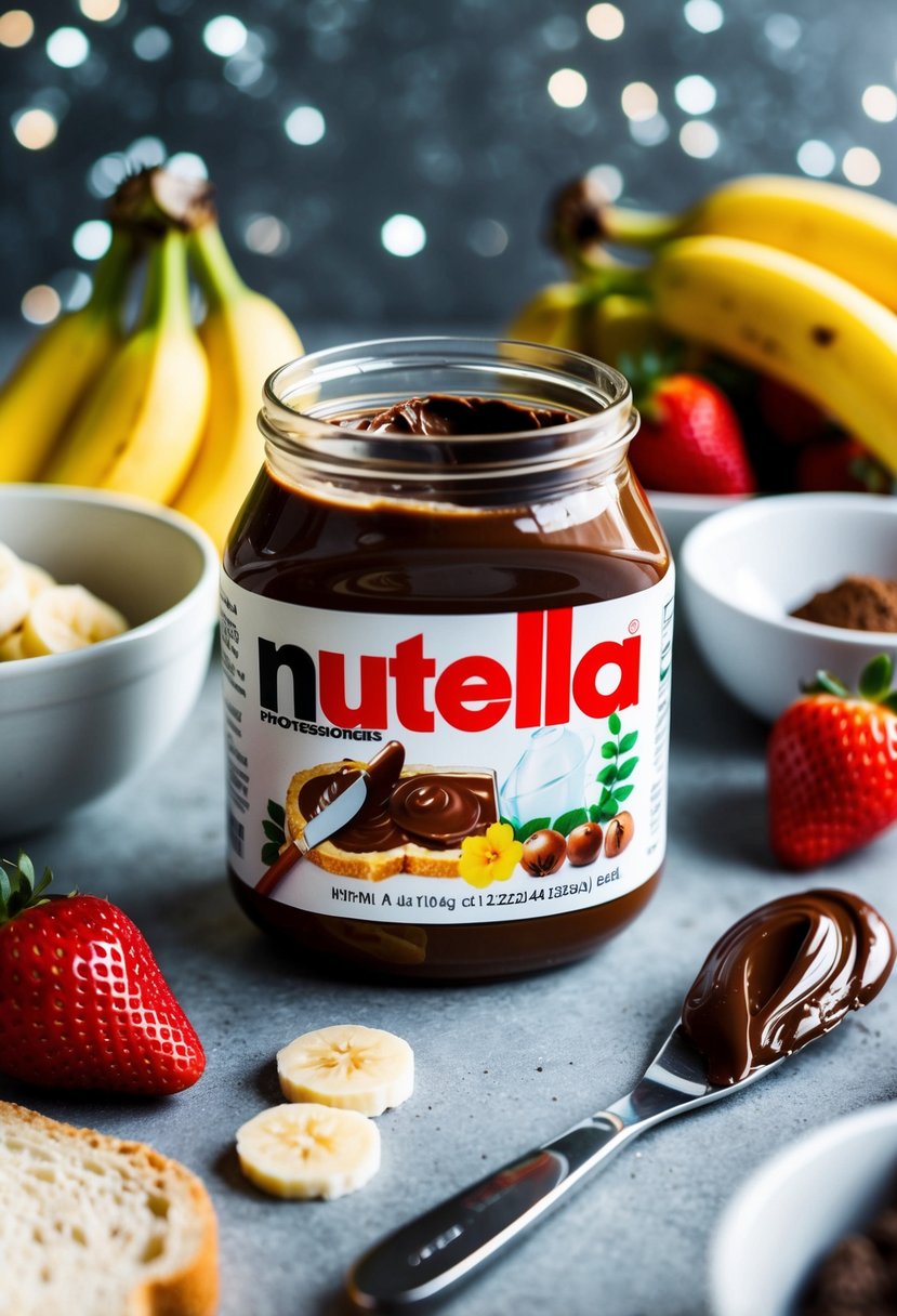 A jar of Nutella surrounded by various ingredients like strawberries, bananas, and bread, with a spreader and mixing bowls nearby