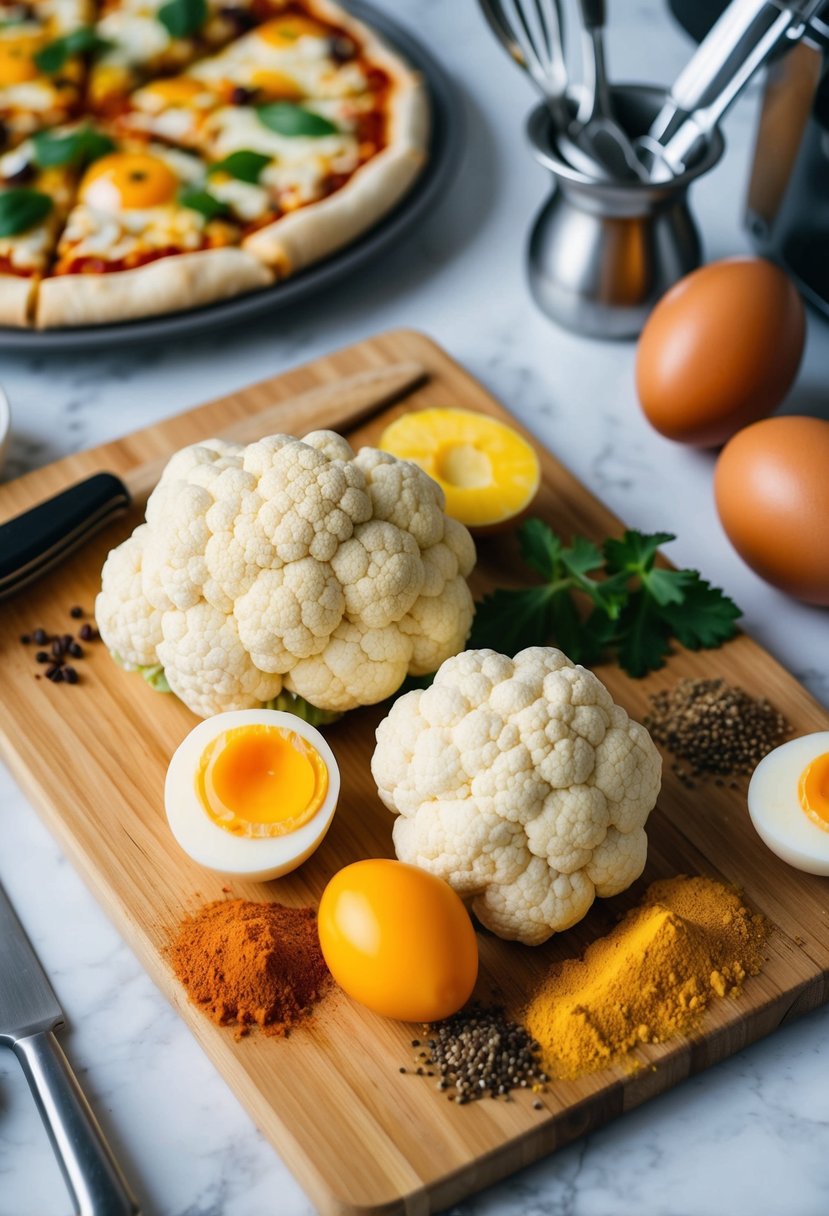 A cutting board with cauliflower, eggs, and spices, surrounded by kitchen utensils and a pizza pan