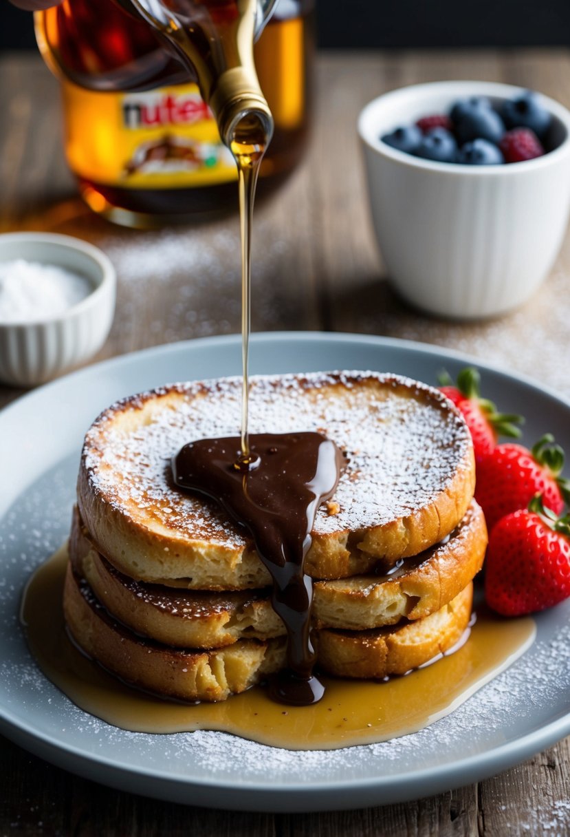 A plate of Nutella-stuffed French toast with a drizzle of syrup, topped with a dusting of powdered sugar, and a side of fresh berries