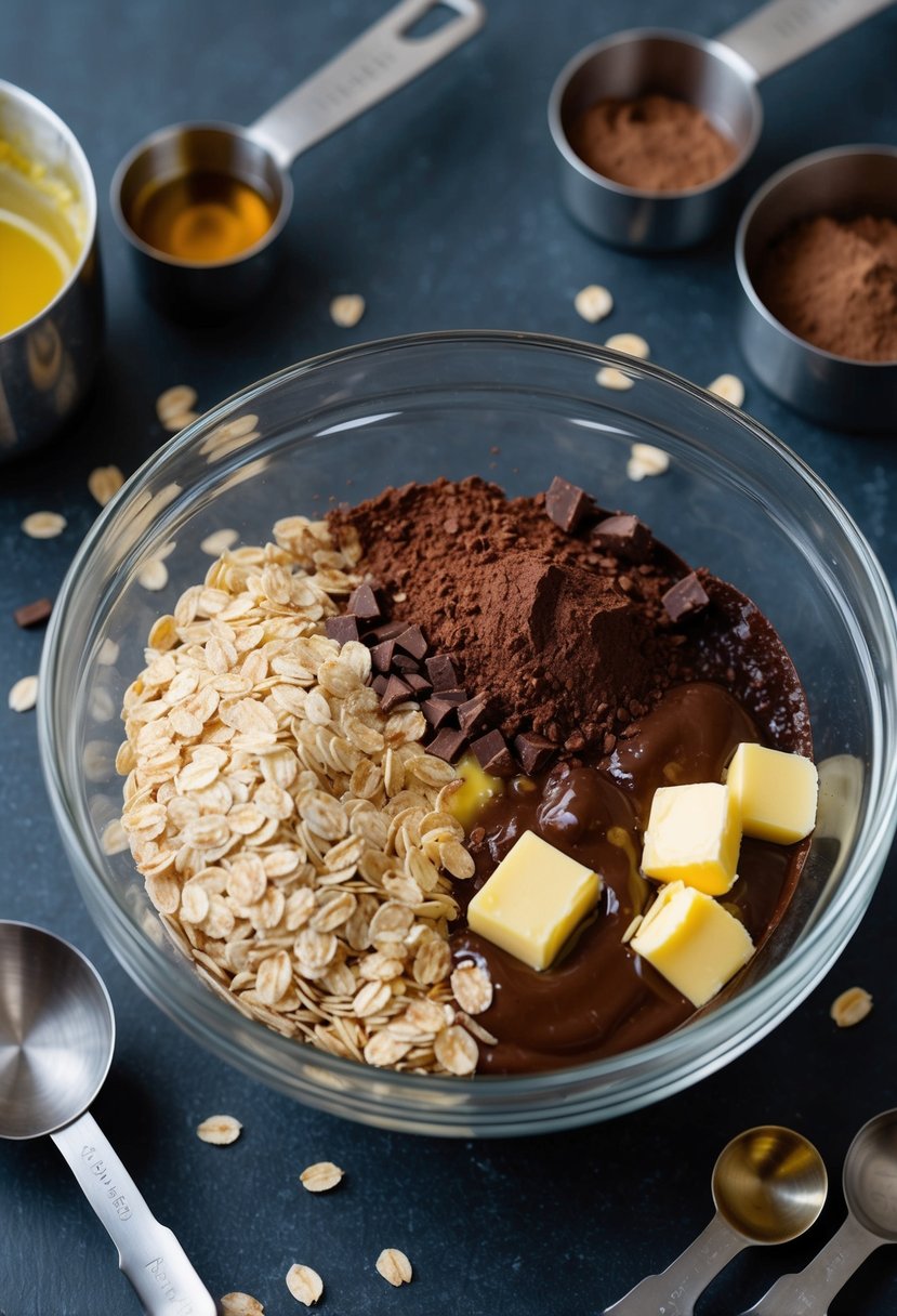 A mixing bowl filled with oats, cocoa, and melted butter, surrounded by measuring cups and spoons