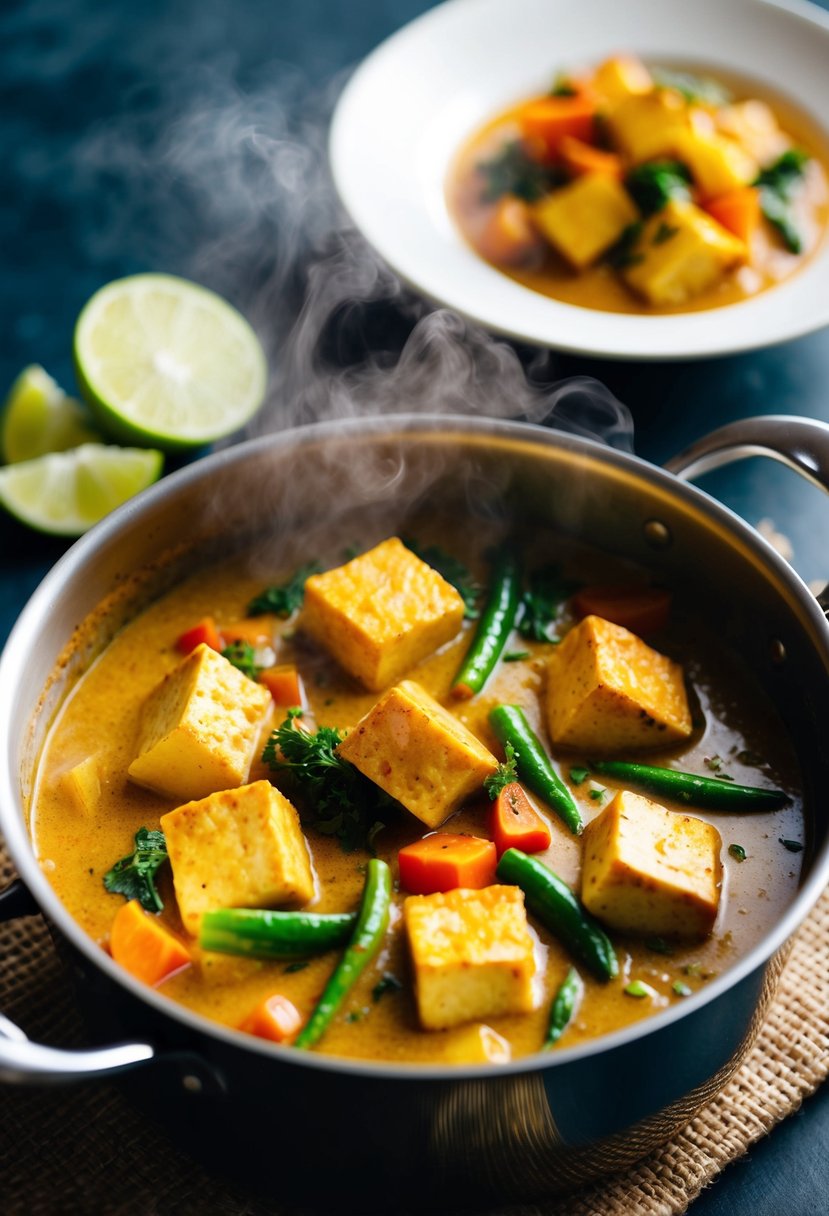 A steaming pot of coconut curry with chunks of tofu and colorful vegetables simmering in a fragrant, spice-filled sauce