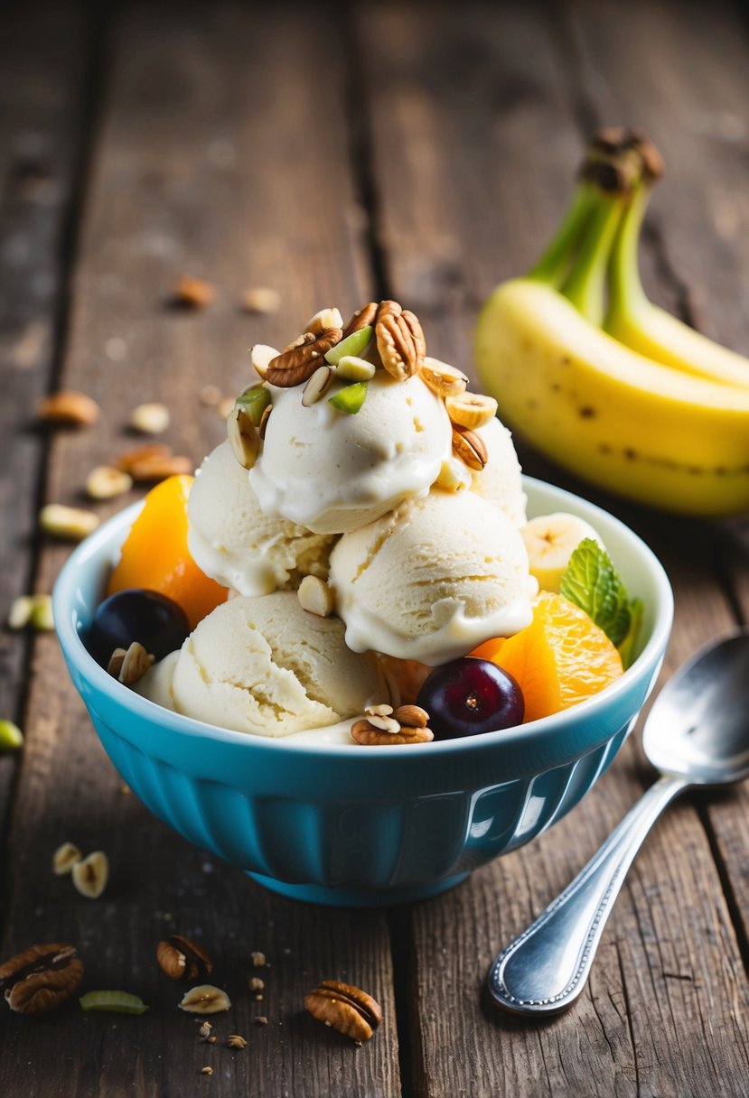 A bowl of creamy banana ice cream topped with fresh fruit and nuts sits on a rustic wooden table