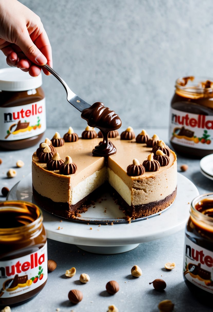 A decadent Nutella cheesecake being sliced with a dollop of Nutella on top, surrounded by jars of Nutella and scattered hazelnuts