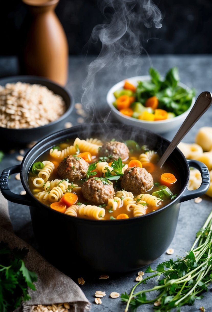 A steaming pot of meatball soup with alphabet pasta, oats, and assorted vegetables, garnished with fresh herbs in a rustic kitchen setting