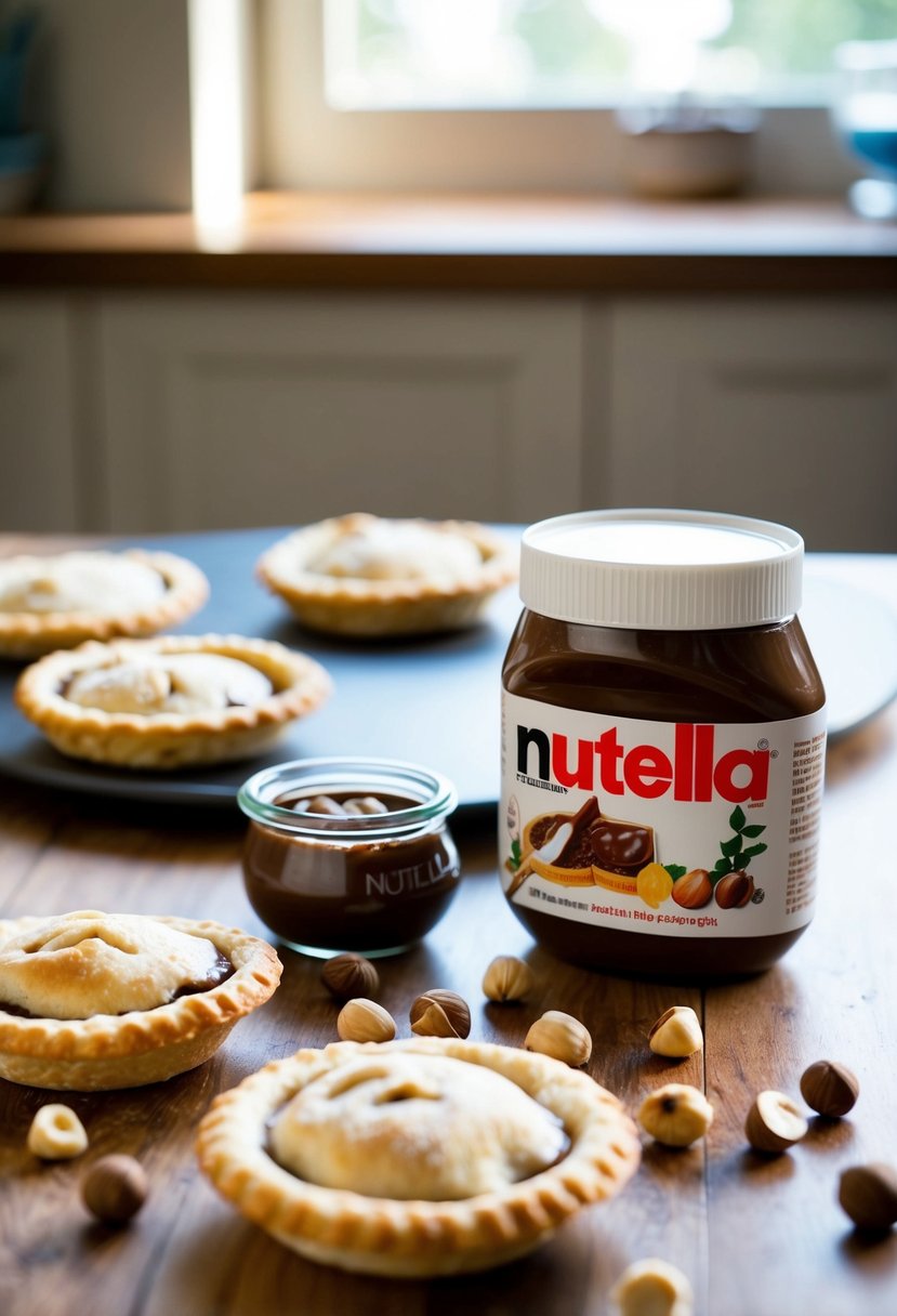 A table with fresh Nutella hand pies, a jar of Nutella, and scattered hazelnuts