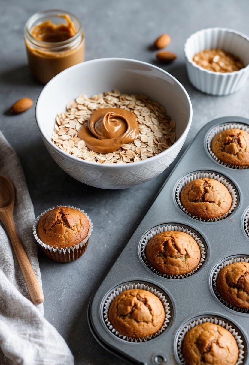 A mixing bowl filled with oats and almond butter, alongside a muffin tin with freshly baked almond butter muffins