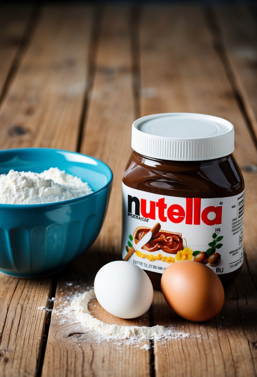 A jar of Nutella, a bowl of flour, and an egg on a wooden table