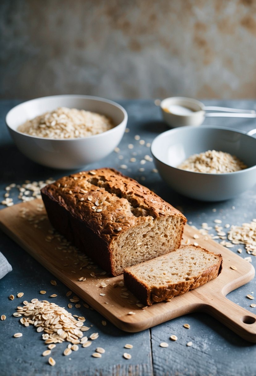 A rustic kitchen counter with a freshly baked loaf of oat bread, surrounded by scattered oats and a mixing bowl