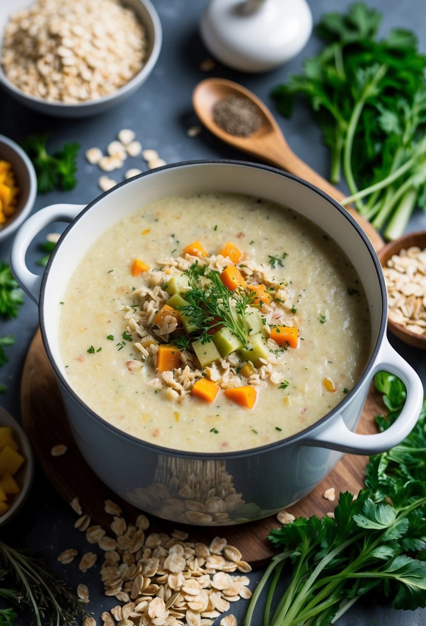 A pot of creamy soup filled with milled oats, surrounded by various ingredients like vegetables and herbs