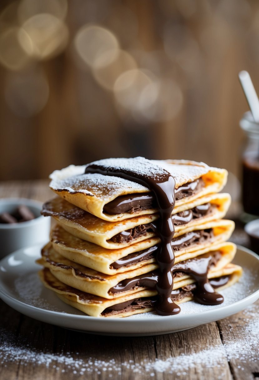 A stack of golden-brown crepes, oozing with rich, chocolatey Nutella, topped with a dusting of powdered sugar and a drizzle of melted chocolate