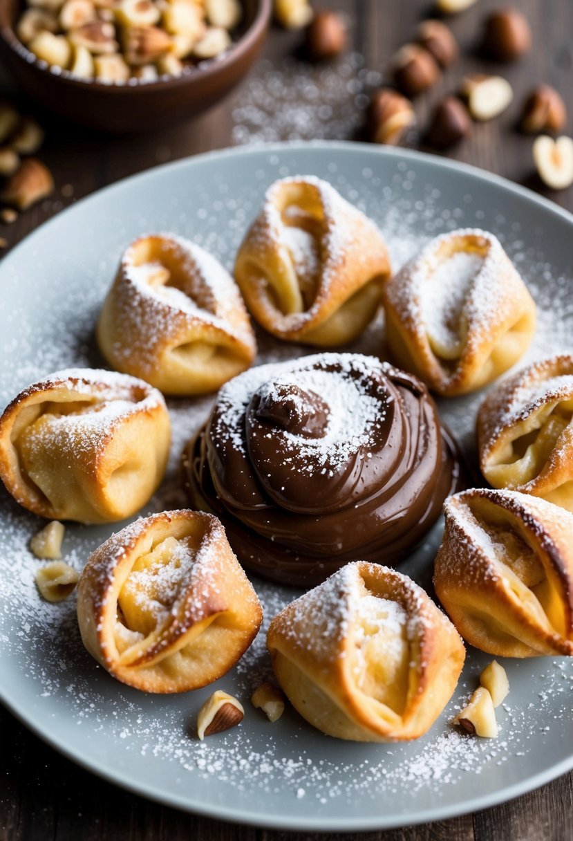 A plate of golden brown Nutella wontons, dusted with powdered sugar, surrounded by a dollop of Nutella and a sprinkling of chopped hazelnuts