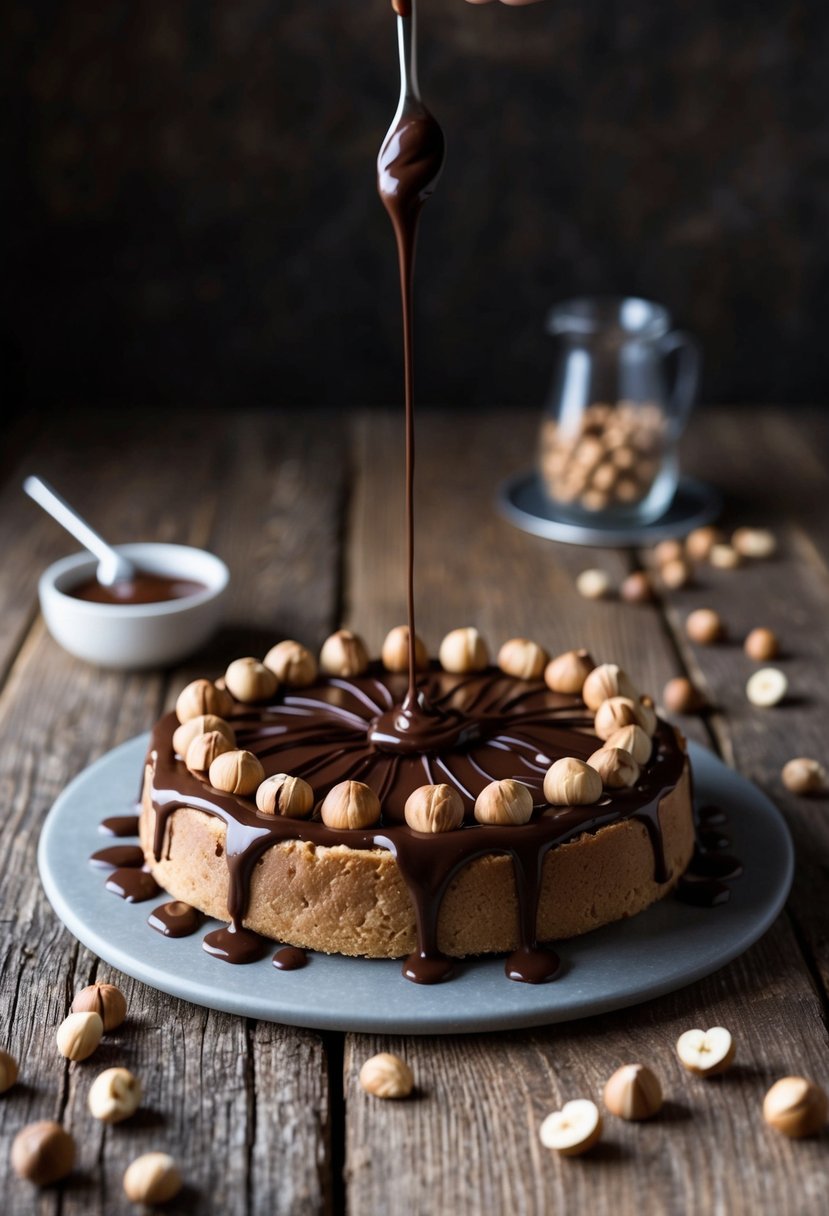 A decadent Nutella Hazelnut Torte sits on a rustic wooden table, surrounded by scattered hazelnuts and a drizzle of chocolate sauce