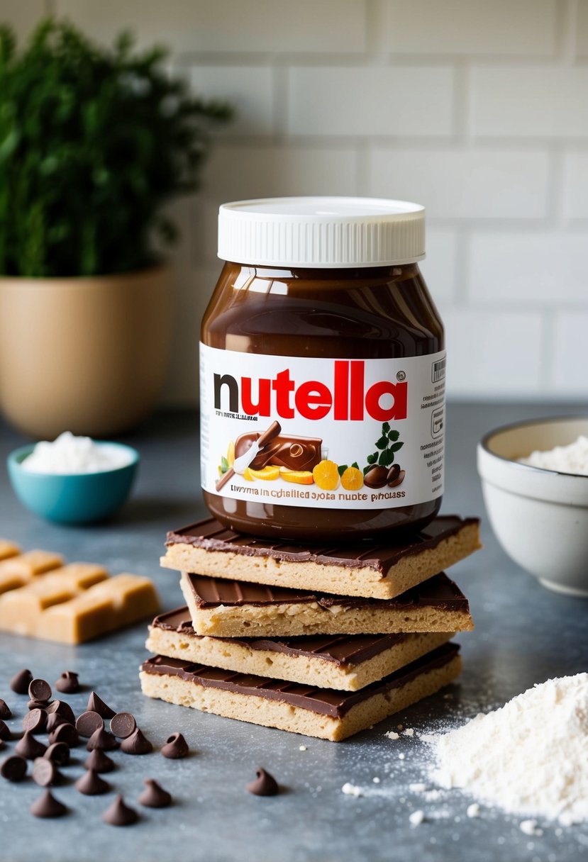 A kitchen counter with a stack of Nutella bars and a jar of Nutella, surrounded by scattered ingredients like flour, sugar, and chocolate chips