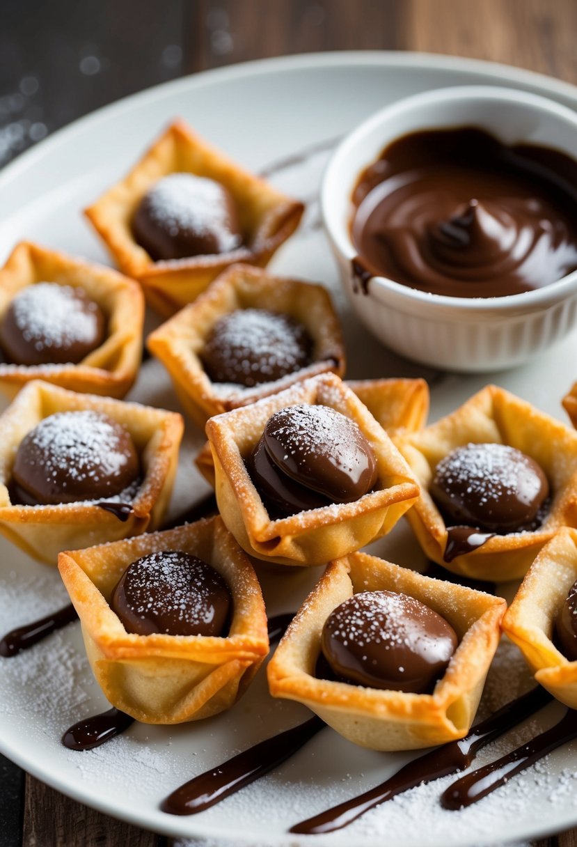 Golden-brown wontons filled with Nutella, arranged on a plate with a drizzle of chocolate sauce and a dusting of powdered sugar