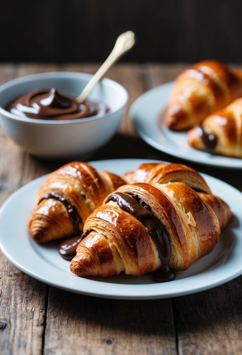 A plate of golden-brown Nutella-stuffed croissants, oozing with chocolate hazelnut filling, sits on a rustic wooden table