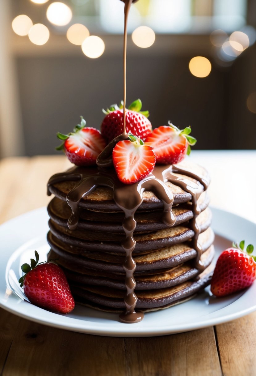 A stack of Nutella pancakes topped with strawberries and drizzled with Nutella sauce on a white plate