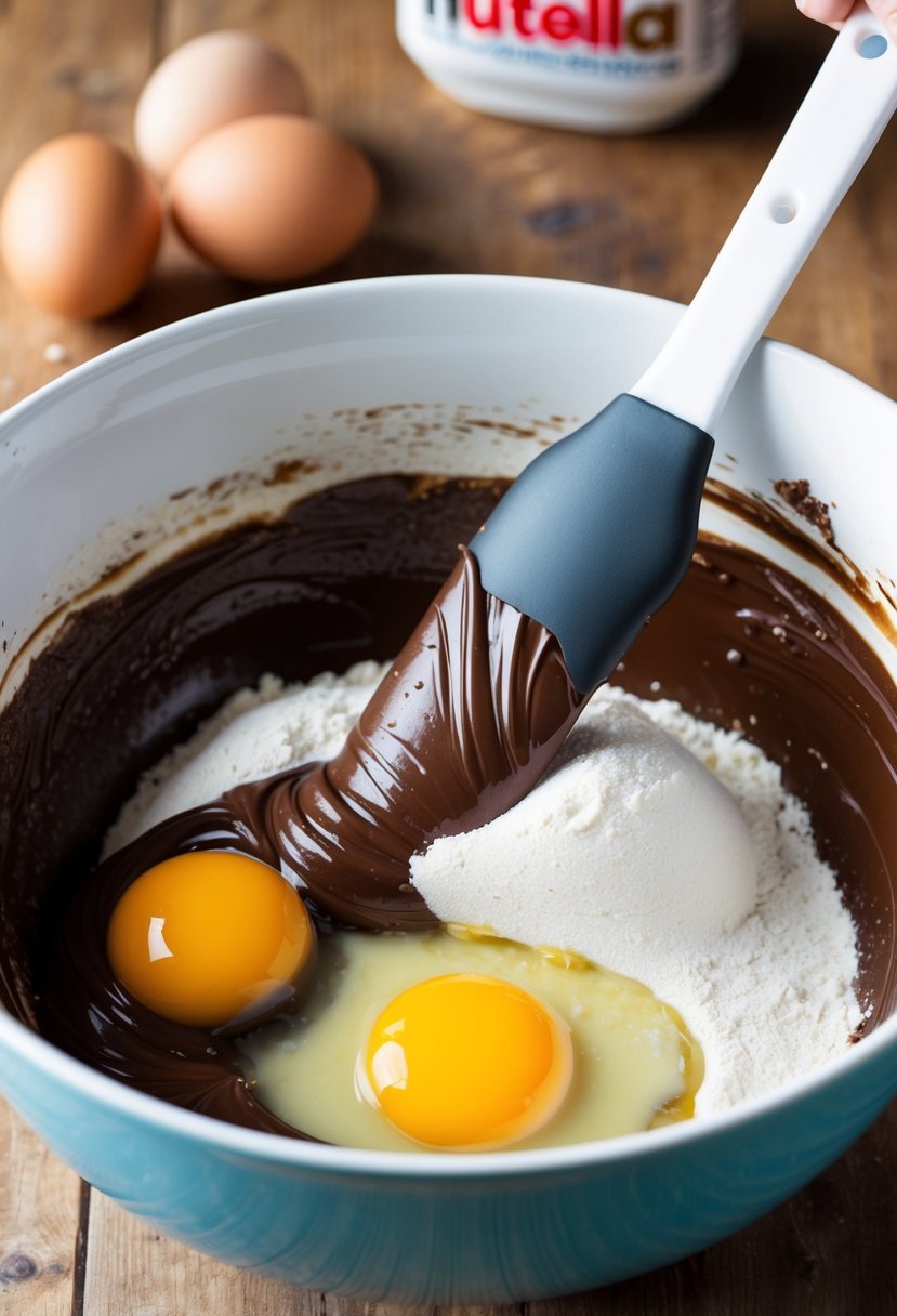 A mixing bowl filled with Nutella, eggs, and flour. A spatula blends the ingredients together, ready to be poured into a baking pan