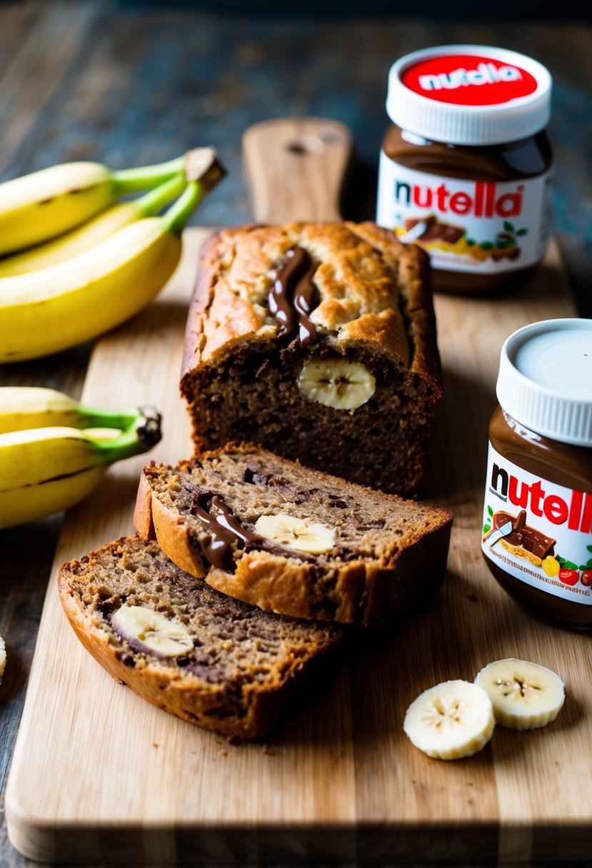 A loaf of Nutella Banana Bread on a wooden cutting board, surrounded by fresh bananas and a jar of Nutella