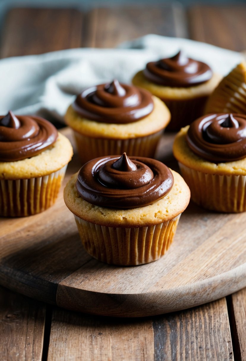 A batch of freshly baked muffins with a generous swirl of Nutella on top, placed on a rustic wooden serving board