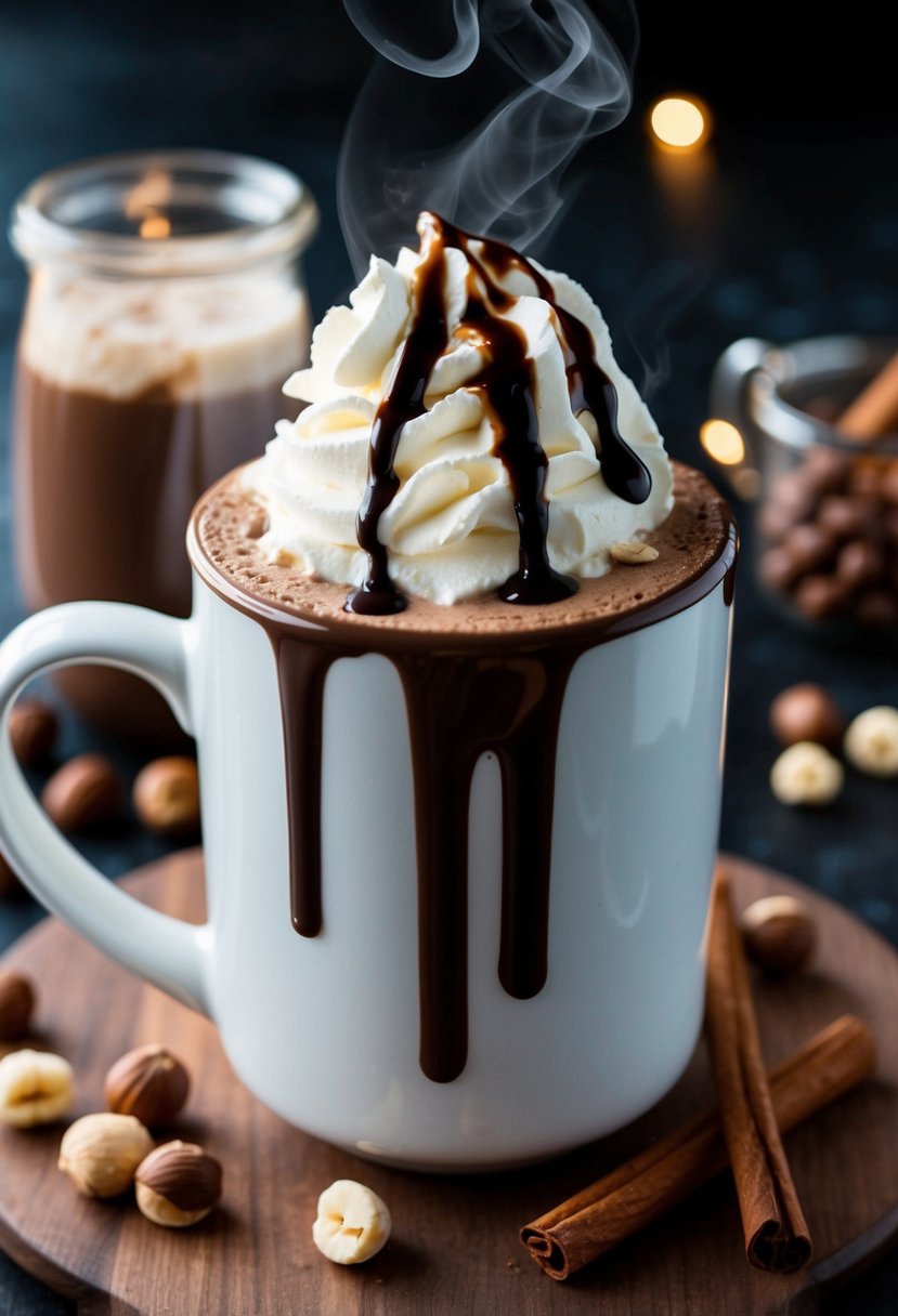 A steaming mug of Nutella hot chocolate with a dollop of whipped cream and a drizzle of chocolate syrup on top, surrounded by scattered hazelnuts and a cinnamon stick