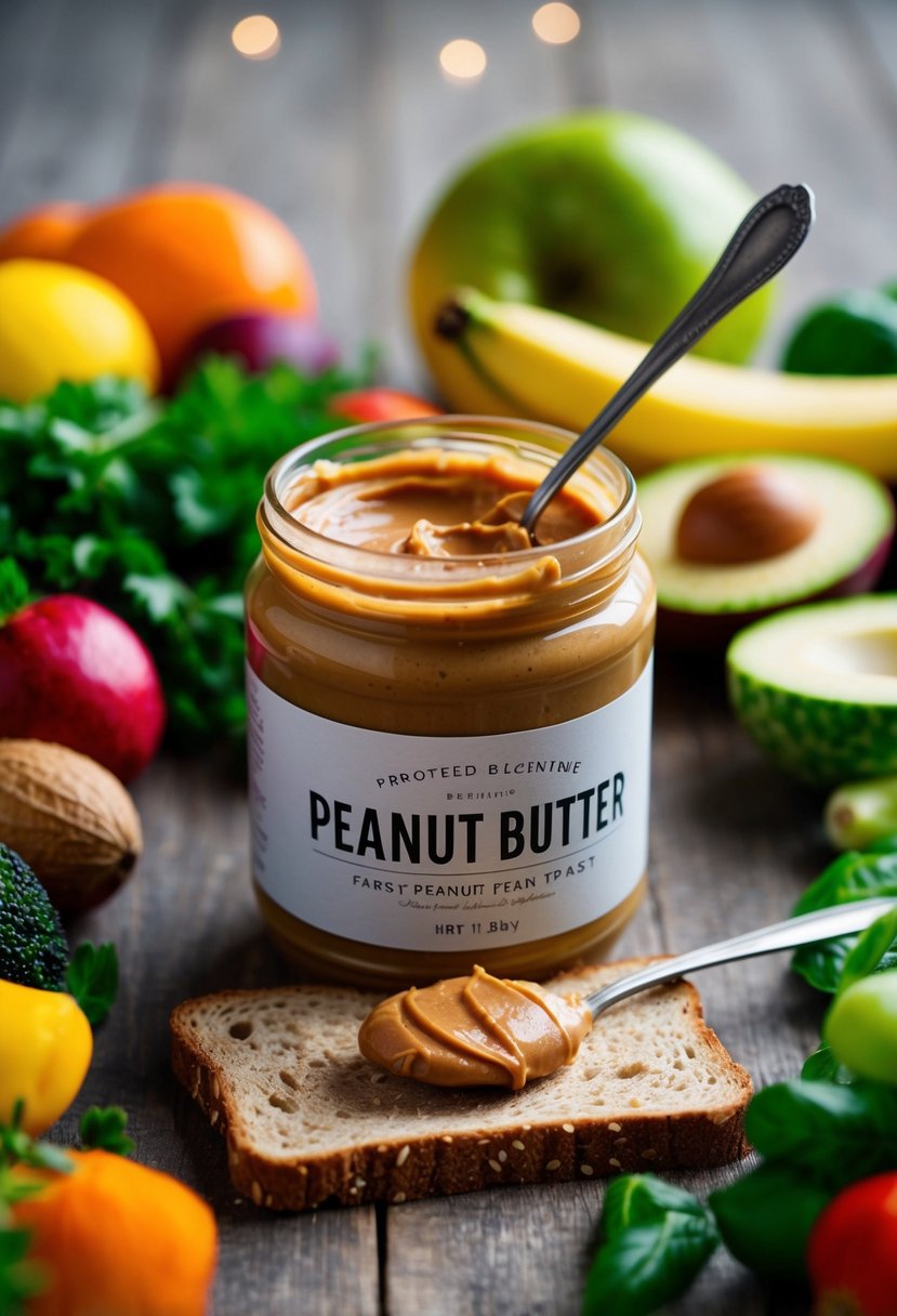 A jar of peanut butter surrounded by a variety of fresh fruits and vegetables, with a spoonful of peanut butter spread on whole grain toast