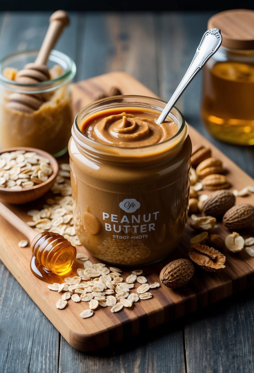 A jar of peanut butter surrounded by oats, nuts, and honey on a wooden cutting board