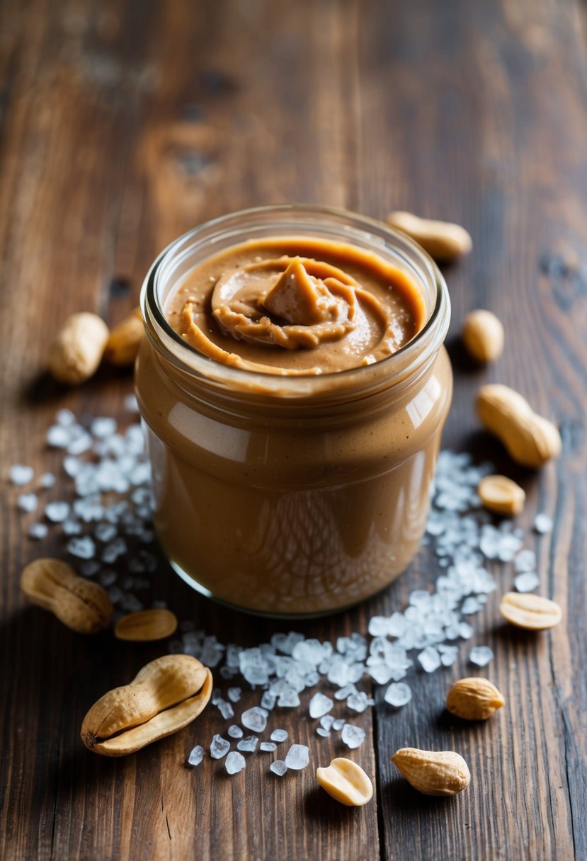 A jar of homemade peanut butter sits on a wooden table, surrounded by scattered sea salt crystals and a few whole peanuts