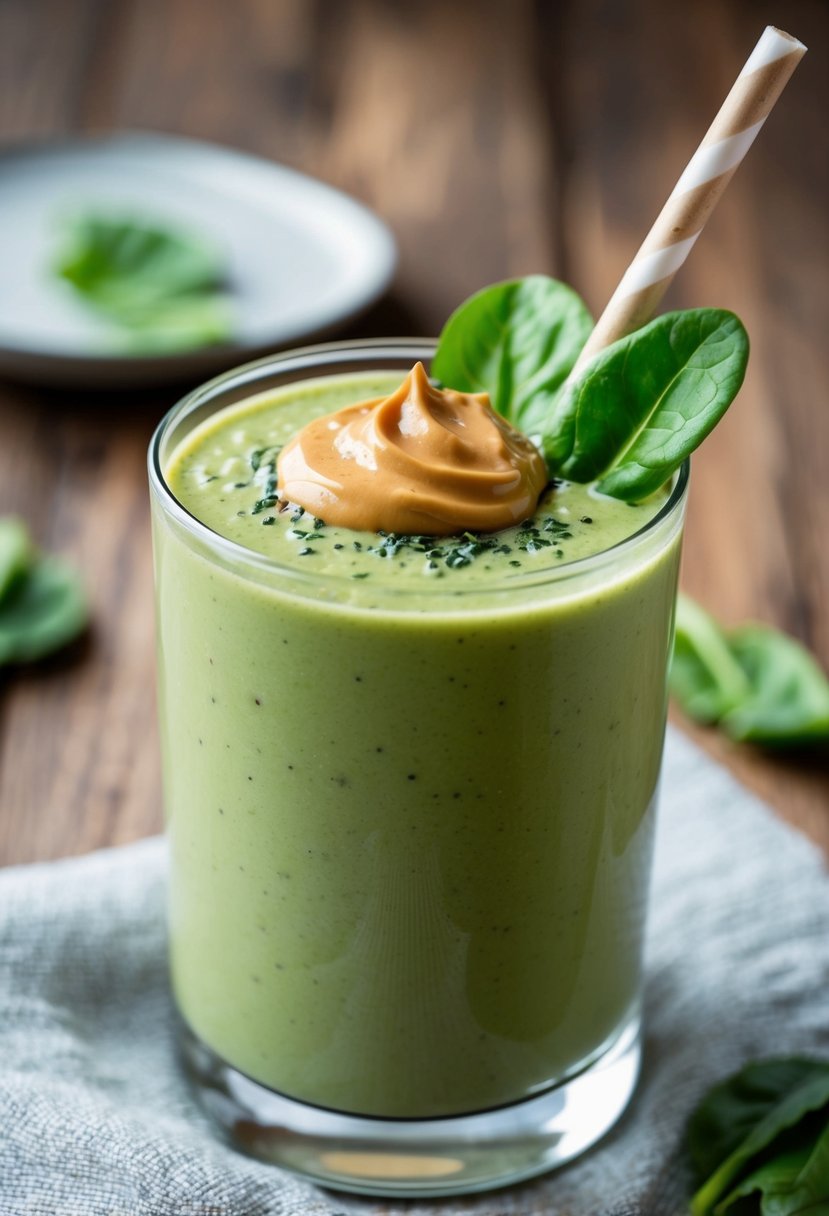 A glass filled with a creamy green smoothie, topped with a dollop of peanut butter and a sprinkle of spinach leaves